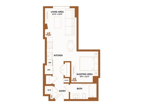 A brown floor plan of a house with a living area, kitchen, sleeping area, and bath.
